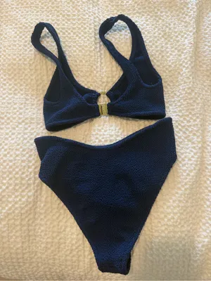 Ribbed Navy Bikini with Gold Ring Accent - Women Swim thumbnail 3