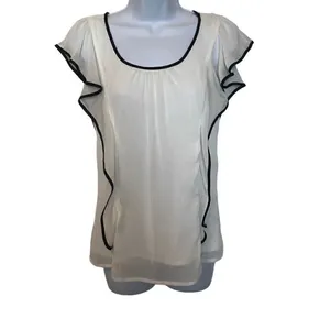 IZ‎ Byer EUC White Black Trim Flowy Ruffle Sleeve Blouse Sz S thumbnail 2