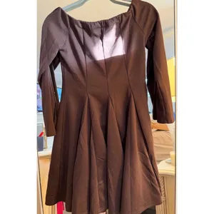 NEW Brown Off The Shoulder Long Sleeve A Line Pleated Mini Dress S thumbnail 3