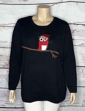 Catherines Size 2X Black - Owl Sequin Christmas Crewneck Sweater Top thumbnail 1