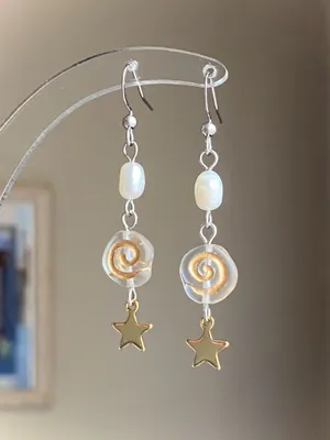 Handmade boho grunge fairy whimsical funky style quality Czech glass swirl pearl dangle earrings🌀⭐️ thumbnail 3