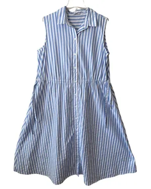 Blue White Striped Sleeveless Button Front Drawstring Midi Dress XL Coastal thumbnail 1