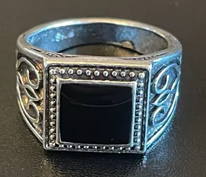 Vintage antique silver plated obsidian ring size 7.5 thumbnail 1