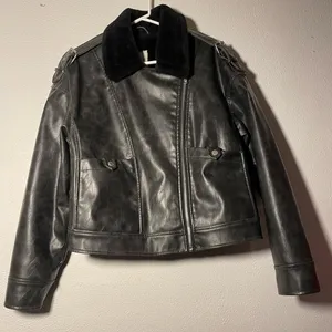Avec Les Filles Black Faux Leather Jacket with Black Faux Fur Collar thumbnail 1