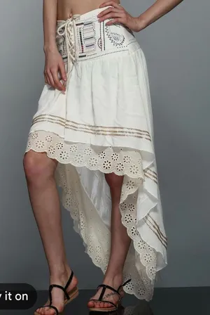 Boho Gypsy Skirt Ivory Ruffle High Low lace trim corset waist lace up sz M thumbnail 1