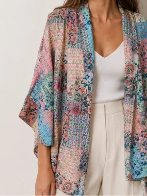 World Market Floral Boho Patchwork Open Front Kimono Cardigan one size pink blue thumbnail 1