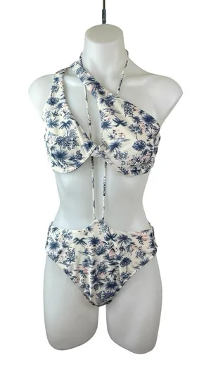 Abercrombie & Fitch White Blue Floral One Shoulder 2 Pc Bikini Set Swimwear Sz M thumbnail 1