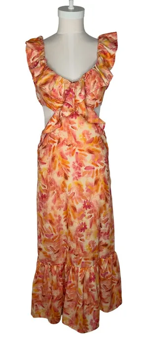 Micas Floral Ruffle Cut Out Maxi Dress Orange Pink Watercolor Size M NWT thumbnail 1