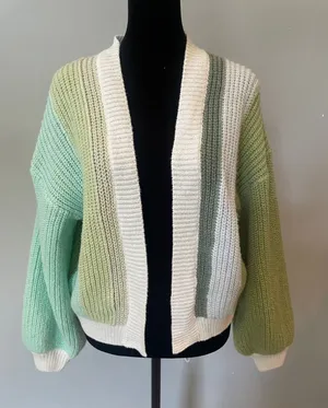 Oversized Striped Open-Front Sweater Cardigan - greens and white thumbnail 1