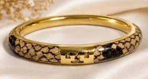 Tory Burch Women’s Leather Inlay Snake Print Gold Double T Bangle Bracelet thumbnail 1
