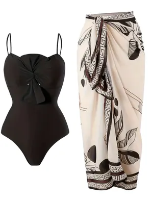 Andrea’s Deals NWT Two-piece Fashionable Bow One-piece Swimsuit, Solid Color Retro Black XL thumbnail 2