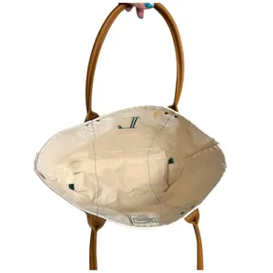 L.L. Bean Vintage 1980s Boat and Tote Canvas Cream Green Leather Handles – READ thumbnail 2