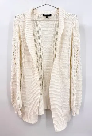 Express Ivory Open Front Long Cardigan Sweater Shawl Mixed Knits Cotton Blend M thumbnail 1
