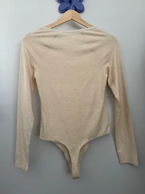 Aerie Medium NEW Henley Bodysuit Long Sleeve Neutral Heather Minimal thumbnail 4