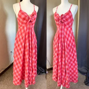 Free People Via Gingham Tie Front Midi Dress Womens Medium Pink Red thumbnail 12