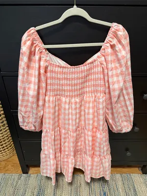 Pink Gingham Puff-Sleeve Tiered Dress thumbnail 2