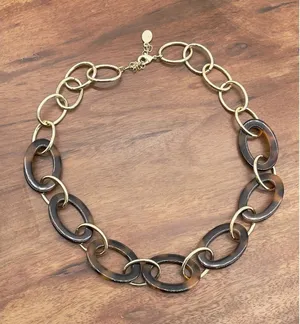 LOFT Necklace Tortoise Shell Gold Tone Oval Link Chain Preppy Chic Mob Wife City thumbnail 1