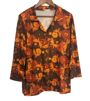 Earthbound Trading Co Retro Print Long Sleeve Pajama Top Women’s Size L thumbnail 1