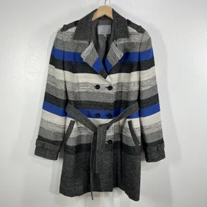 Classiques Entier Womens Wool Blend Belted Double Breasted Stripe Trench Coat‎ L thumbnail 2