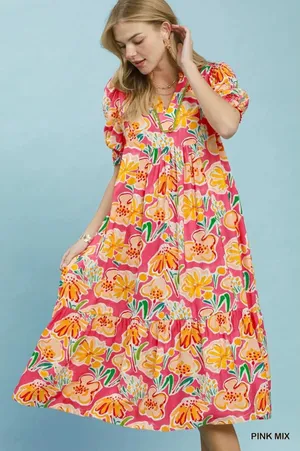 Umgee Floral Print Puff Sleeve Tiered Midi Dress - Pink Mix - Large thumbnail 1