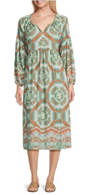 Nurture Westbound Boho Tie Dye Midi Dress M Teal Rust Babydoll Long Sleeve Flowy thumbnail 1