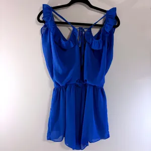 The Hanger Boho Blue Ruffle‎ Cold Shoulder Romper Strappy Back M Cottagecore thumbnail 6