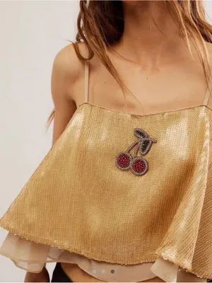 Free People NWOT Fruit Punch Sequin Beaded Cherry Appliqué Boho Boxy Crop Top thumbnail 2