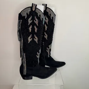 Nasty Gal Black Studded Diamante Suede Cowboy Fringe Boots thumbnail 4