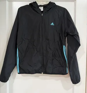adidas Black Hooded Jacket with Aqua Trim medium thumbnail 1