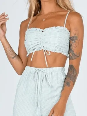 Princess Polly Sage Green Gingham Ruched Crop Top thumbnail 1