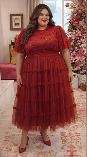 NWT Ivy City Co. Anastasia in Dark Red Embellished Tulle Ruffled Dress 3X thumbnail 1