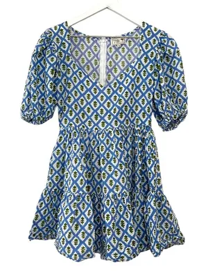 Mille Aneli Blue & Green Block Print Puff Sleeve Mini Dress Size XS thumbnail 1