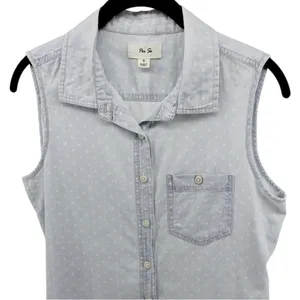 Per Se‎ Baby Blue White Polka Dot Chambray Button up Vest Country Rodeo Size S thumbnail 4