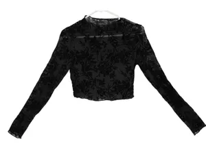 Black Floral Velvet Burnout Sheer Mesh Mock Neck Crop Top Long Sleeve‎ Alt Goth thumbnail 1