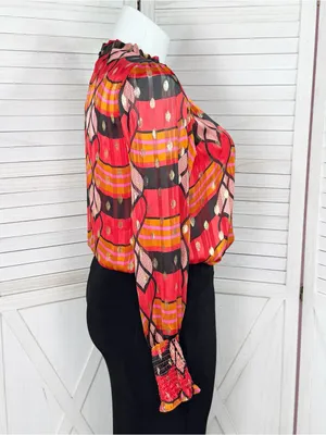J Joie Printed Metallic Polka Dot Blouse Red Black‎ Pink Multi Large Smocked thumbnail 3