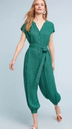 Maeve Geoscope Jumpsuit Small Green Blue Boho Graphic Print Button Front Belted thumbnail 1