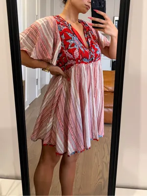 Free People Under The Sun Tunic Dress Floral Striped Red Rome thumbnail 5