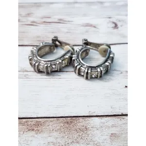 Vintage Clip On Earrings - Elongated Thick Hoops with Gems - Tarnished thumbnail 7