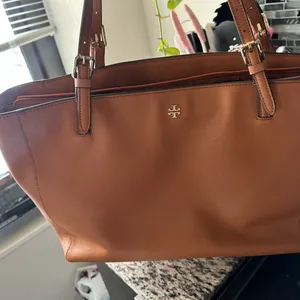 Tory Burch Cognac Leather Tote with Gold Logo thumbnail 1
