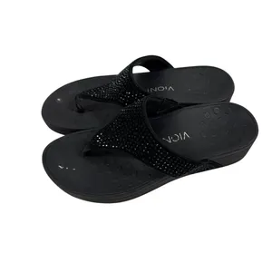Vionic Naples Black Rhinestone Wedge Sandals Orthaheel Thong Slides Women 7 thumbnail 3
