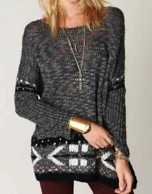FREE PEOPLE Gray Fair Isle Sweater Pullover Top thumbnail 1