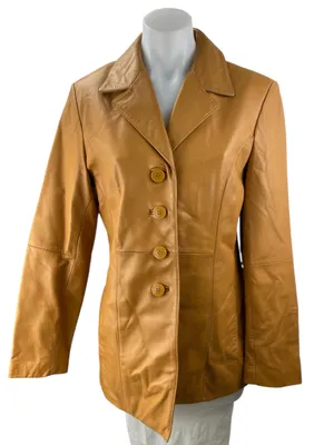 Wilson's Leather 100% Leather Womens Tan Brown Button Down Long Sleeve Coat Jacket Size S thumbnail 1