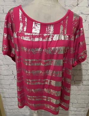 Chelsea & Theodore pink top with a silver distressed horizontal stripes 2X thumbnail 1