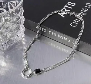 Titanium Steel Artificial Black Gem Ring Pendant Necklace for Men Women thumbnail 4