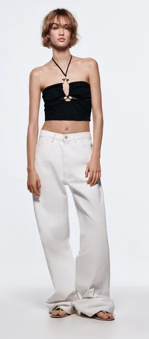 ZARA Black Ribbed Cut Out Crop Top With Beads thumbnail 4
