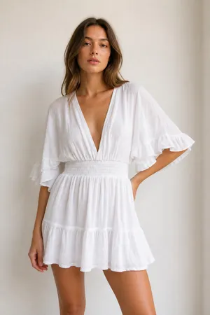White V-Neck Ruffle Sleeve Smocked Waist Blouse thumbnail 1