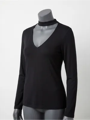 White House Black Market Black Long Sleeve Choker Cutout V Neck Knit Top Size XL thumbnail 1