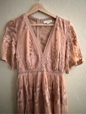 Blush Pink Lace Embroidered Maxi Dress - V-Neck Feminine Silhouette thumbnail 3