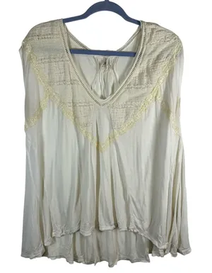 Free People Intimately Ivory Lace Smocked V-Neck High Low Sleeveless Top Romance thumbnail 1