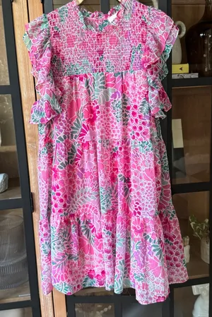 Red Dress Boutique Aura floral smocked dress mini colorful chiffon flutter ruffle short sleeve thumbnail 1